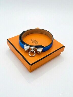 Hermes Blue Izmir Tadelakt Leather Palladium Plated Rivale Double Tour Bracelet